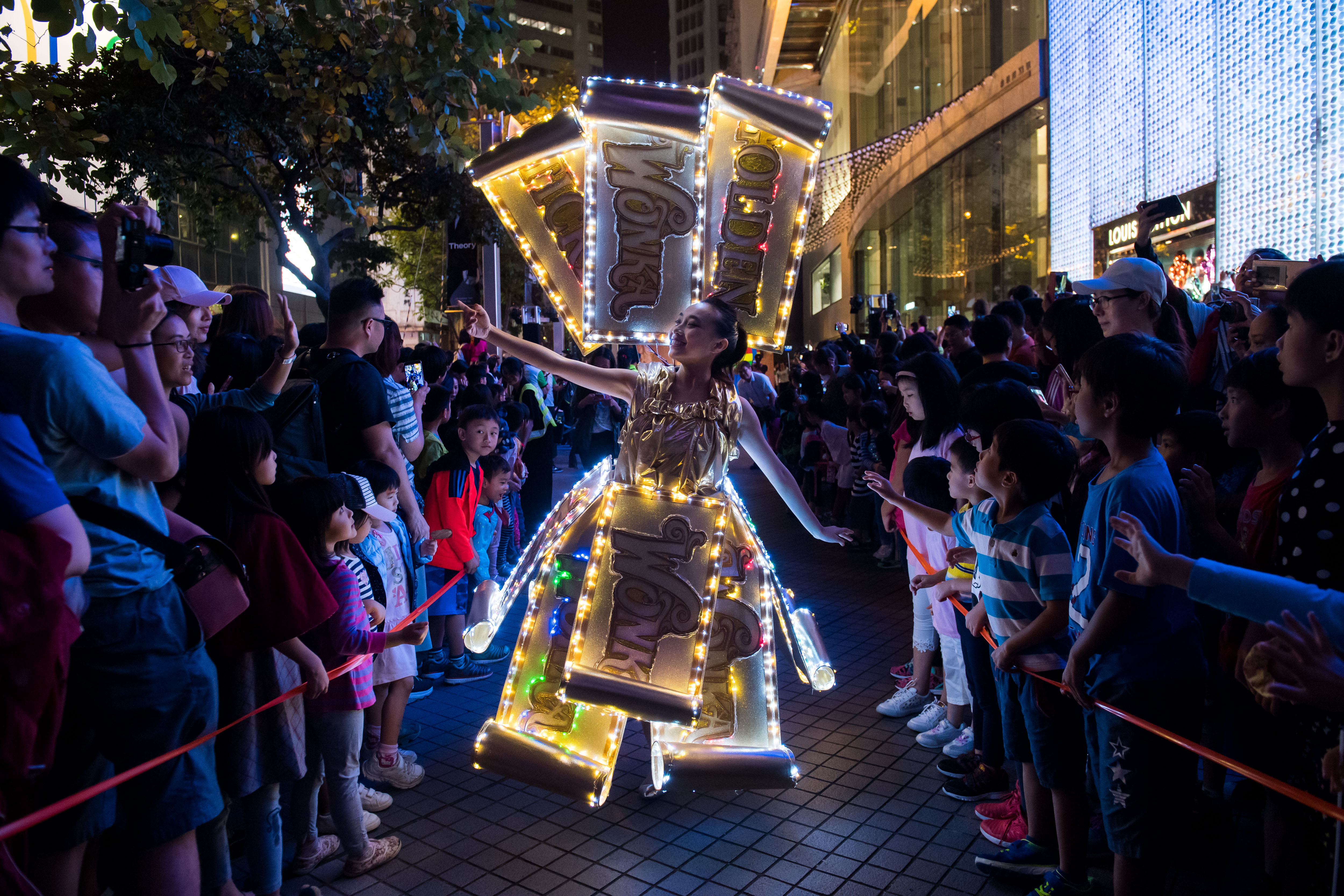 Standard Chartered Arts in the Park festival with illuminated puppet at Victoria Park